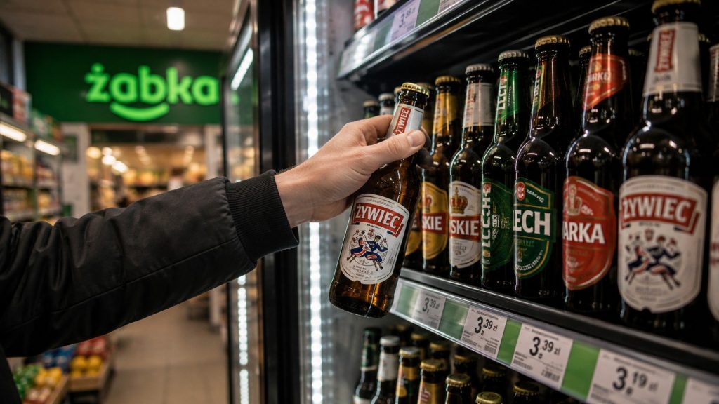 Żabka to miejsce, gdzie piwo kupuje się inaczej: nie zgrzewkami na zapas, lecz „na teraz" — zimne, po drodze, za rogiem. Za tę wygodę płaci się konkretną premię, którą sieć równoważy najbardziej agres