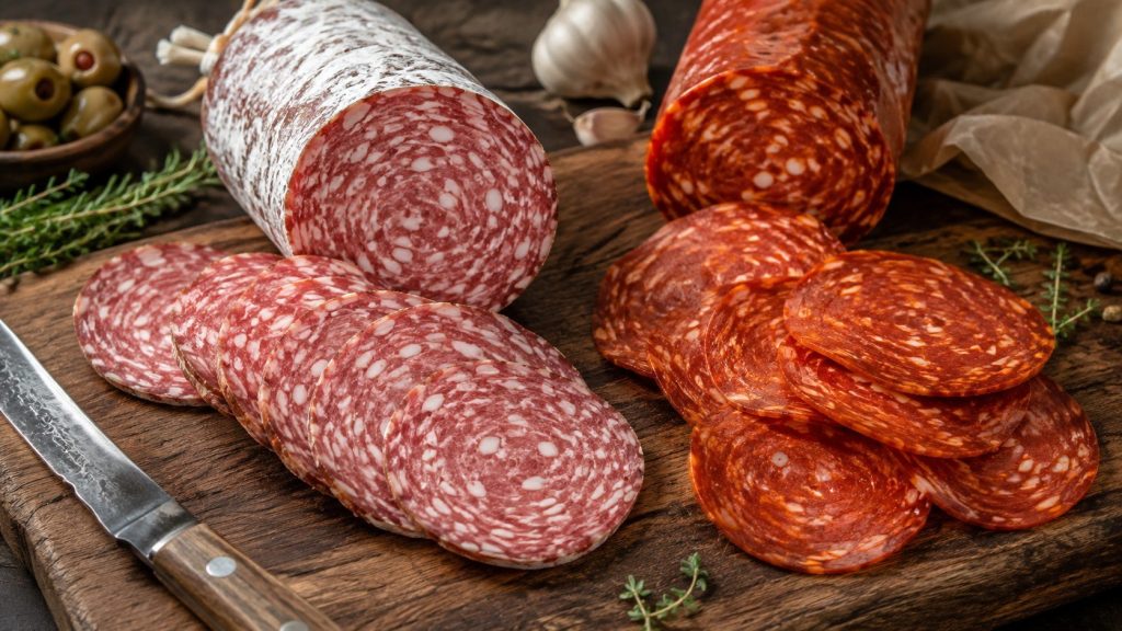 Salami — ceny 2026: Milano, pepperoni i sztuka czytania plasterka Salami to kiełbasa, która nauczyła świat cierpliwości: mięso, tłuszcz, sól i tygodnie dojrzewania — żadnego gotowania, żadnego wędzenia na skróty. Włoskie Milano, amerykańskie z ducha pepperoni i pols