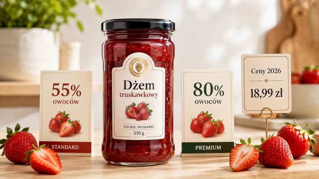 Dżem dzieli los ketchupu: wszyscy go mają, mało kto czyta, ile owoców naprawdę niesie słoik. A rozpiętość jest ogromna — od „produktów owocowych" z 25 g owoców na 100 g po konfitury, w których owoc si